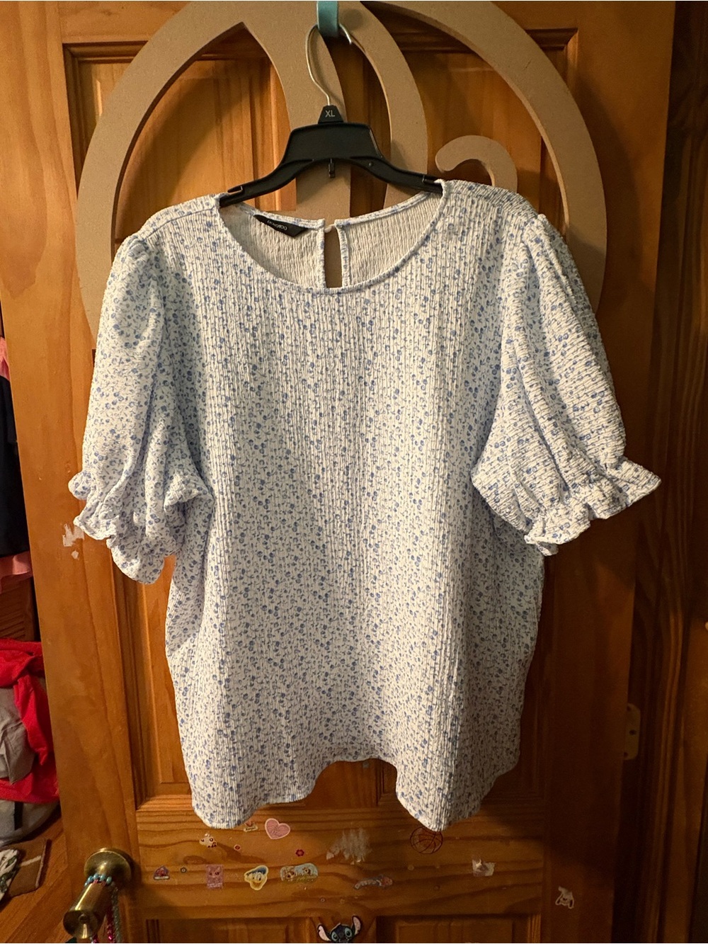 Light Blue Floral Puff Sleeve Blouse with Ruffle Cuffs